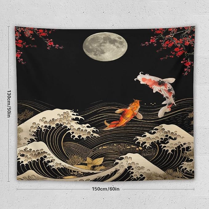 Houselerax Koi Fish Tapestry, Japanese Style Yin Yang Big Wave Cherry Blossom Tapestries Wall Hanging for Bedroom Living Room Office Decor 60"x50"-Ruum Studio Home