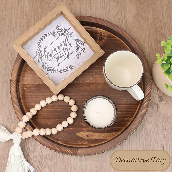 Round Burnt Wood Serving Tray with Beads, Wooden Decorative Tray for Entertaining, Decoration, and Gifting,-Ruum Studio Home