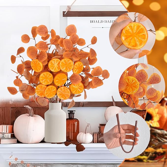 Eucalyptus Stems, 4PCS Artificial Lemon Stems Faux Citrus Branches Plastic Decor for Kitchen, Table Centerpieces, Entryway, Thanksgiving Wedding Party (Orange)-Ruum Studio Home