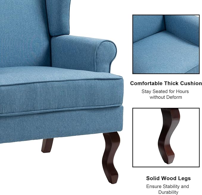 Accent Chair, High Back Upholstered Armchair with High Resilience Sponge & Wood Legs, Mid-Century Modern Comfy Single Sofa Reading Chairs for Living Room, Bedroom (Blue, Set of 2)-Ruum Studio Home