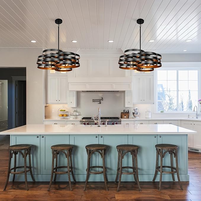 6-Light Modern Farmhouse Chandeliers for Dining Room, Rustic Multiple Rings Pendant Lighting, Industrial Metal Round Chandelier for Kitchen Entryway, Black with Gold Interior-Ruum Studio Home