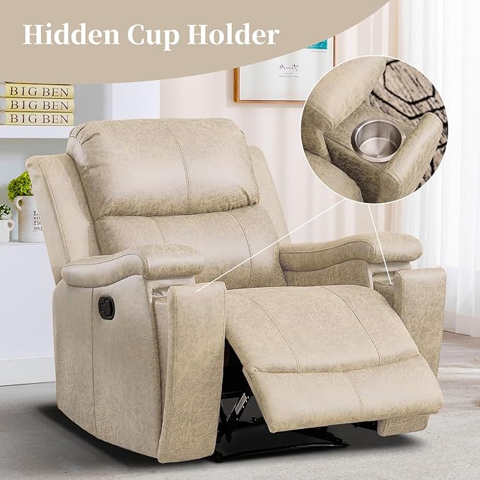EBELLO Recliner Chair, Single Overstuffed Sofa Recliner, Breathable Faux Leather Manual Reclining Chairs with Hidden Cup Holder, Arm and Back for Adults, Living Room, Bedroom, Beige-Ruum Studio Home
