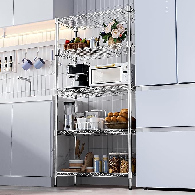 1250 lbs Steel Heavy Duty 5-Tier Utility Shelving Unit Steel Organizer Wire Rack for Home,Kitchen,Office,Chrome (13.7" D x 23.6" W x 62.4" H)-Ruum Studio Home