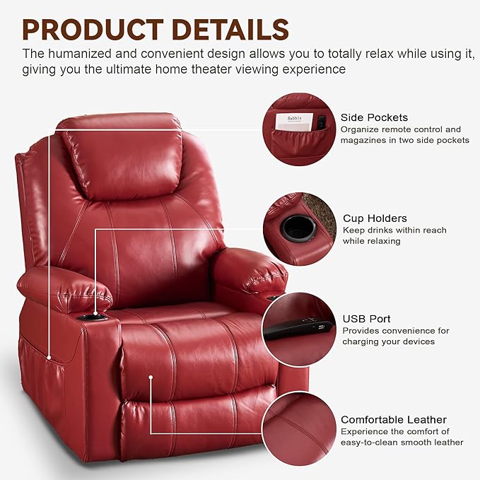 SALOHZA Power Lift Recliner Chair for Elderly with Massage and Heat for Living Room, Electric Recliner Chair for Adults with USB/Type C Port/Cup Holders, PU Faux Leather, Red-Ruum Studio Home