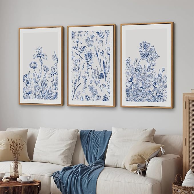 SIGNINART Classic Chinoiserie Botanical Framed Canvas Wall Art, Blue and White Floral Wall Decor, Minimalist Flower Artwork, Navy Blue Wildflower Art Painting for Bedroom Living Room Office 24"x36"x3-Ruum Studio Home