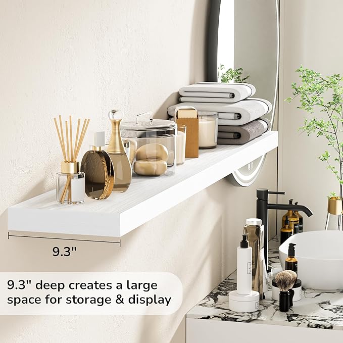 Fun Memories 55 Inch Floating Shelves - 9 Inch Deep Rustic Wooden Wall Shelves - Extra Deeper & Thicker Wall Mounted Storage Shelf for Living Room, Kitchen, Farmhouse - 55" W x 9" D x 1.8" H - White-Ruum Studio Home