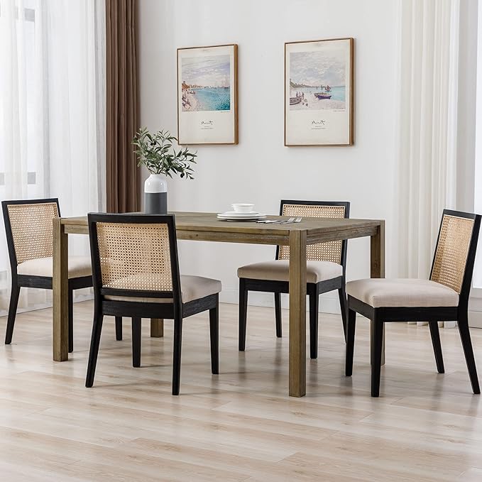 VESCASA Upholstered Dining Chairs with Square Rattan Back, Armless Padded Linen Cushion Dining Chairs with Wood Legs for Dining Room, Kitchen, Set of 6, Black Frame-Ruum Studio Home