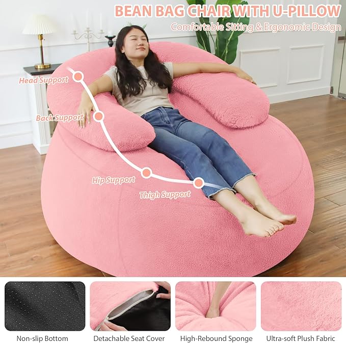 HABUTWAY Bean Bag Chair with U-shaped Pillow for Adult and Kids Big BeanBag Chair with Filling Ultra Soft Faux Fur Couch Chair with Washable Cover for Living Room Bedroom Office, Light Pink&Light Pink-Ruum Studio Home