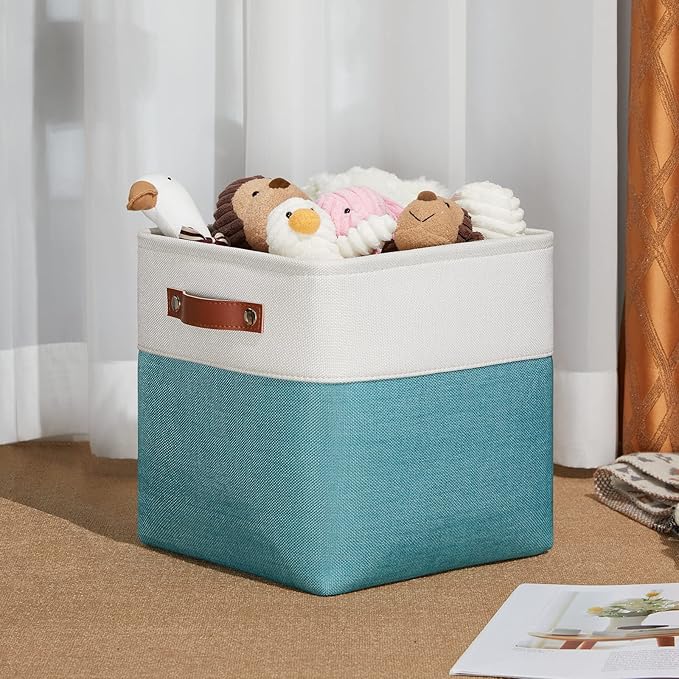 DULLEMELO Foldable Storage Cubes 11 x 11 Organizer Bins,Canvas Storage Bins Empty Gift Baskets for Organizing with SturdyLeather Handles, Closet Baskets for Nursery Storage(4 Pack - 11" White&Teal)-Ruum Studio Home
