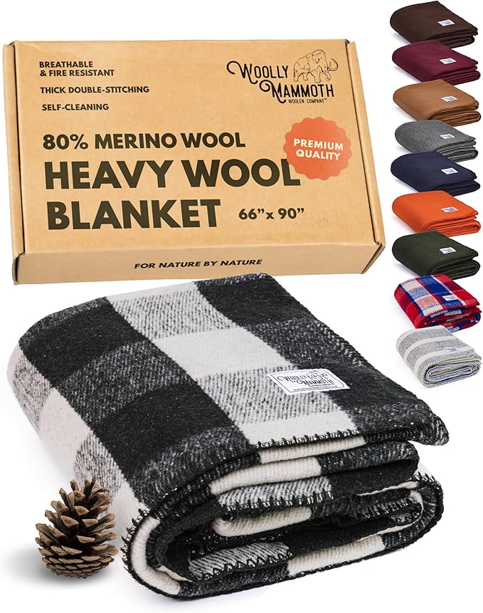 Woolly Mammoth Woolen Company Camping Wool Blanket - 66 in x 90 in Black & Cream Plaid - Heavyweight Merino Wool Outdoor Throw Blanket & Bedroll - Insulating Warm for Winter, Picnic & Travel-Ruum Studio Home