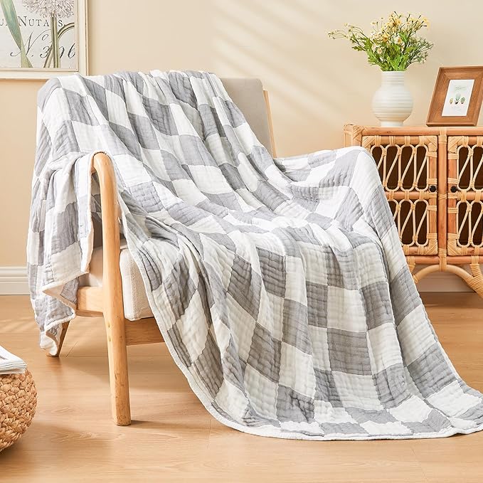 EMME Checkered Throw Blanket Cotton for Couch Soft Muslin Blankets 50"x60" Lightweight Breathable Cooling Soft All Season Gauze, Light Grey-Ruum Studio Home