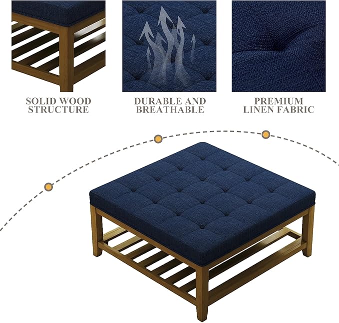 Large Square Ottoman Coffee Table, Linen Solid Upholstered Footrest Ottoman with Solid Wood Shelf Storage Tufted Coffee Table for Bedroom Living Room, Navy Blue-Ruum Studio Home