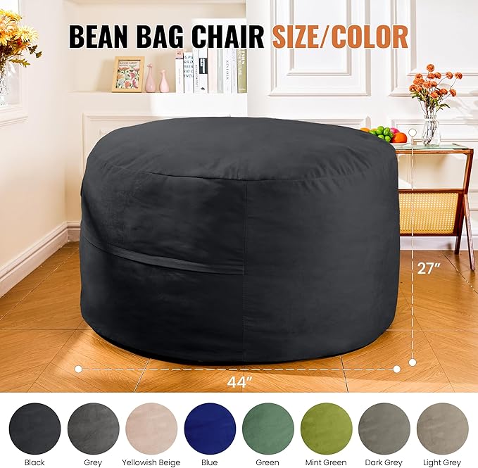 4FT Bean Bag Chair: Bean Bag with Velvet Cover, Fluffy and Comfy Bean Bag Chairs for Adults and Kids, Bean Bag Sofa Filled with High-Density Sponge for Gaming (Black)-Ruum Studio Home