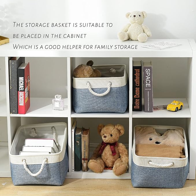 TcaFmac Storage Bins for Organization - Large 3 Pack Canvas Storage Basket for Shelves with Handles, Collapsible Baskets for Organizing for Closet Dog Laundry (White & Blue16x12x8 inch)-Ruum Studio Home