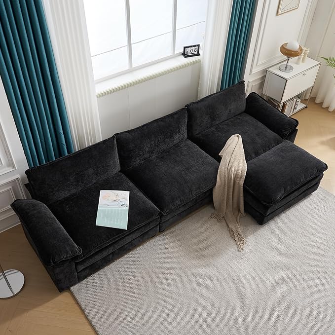Karl home Sectional Sofa Modular Deep Seat Sofa Couch with Ottoman, Chenille Sofa Sleeper Comfy Upholstered Furniture for Living Room, Apartment, Studio, Office, (3-Seat & 1-Ottoman, Black)-Ruum Studio Home