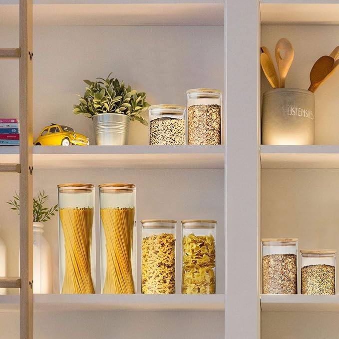 Urban Green Glass Jars with Bamboo Lids, Glass Airtight Canisters sets, Food Storage Container, Pantry Organization and Storage Jars, Kitchen Canisters Sets, Flour Containers of 6-Ruum Studio Home