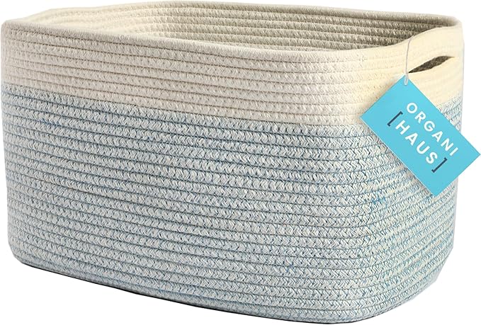 OrganiHaus Woven Storage Baskets for Organizing, Cotton Rope Organizer Bins for Shelves, Closet & Nursery, Dog Toy Basket, Decorative Bins for Toys, Towels & Books - 15x10x9, Blue/Off-White-Ruum Studio Home