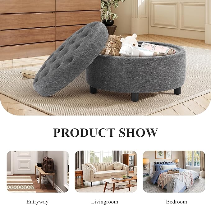 COLAMY Fabric Round Storage Ottoman with Reversible Tray Lid – Multi-Functional Footrest, Hidden Storage, Sturdy & Stylish Small Coffee Table for Living Room, Bedroom, or Entryway(Dark Grey)-Ruum Studio Home