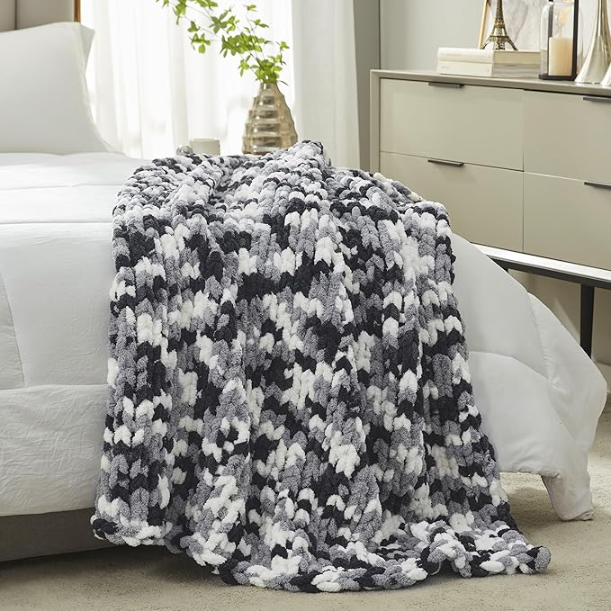 Amélie Home Chunky Knit Throw Blanket for Couch, Soft Chenille Crochet Blanket for Sofa, 50"x60", Space-Dyed Black-Ruum Studio Home
