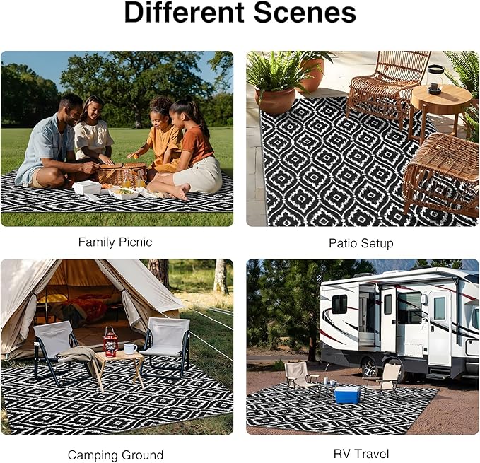 OLANLY Outdoor Rug 5x8 ft Waterproof, Outdoor Plastic Straw Rug with Geometric Pattern Clearance, Reversible RV Mat for Patio, Camping, Balcony, Deck, Backyard, Black & White-Ruum Studio Home
