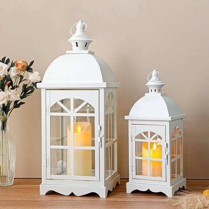 TRIROCKS Set of 2 Decorative Vintage Candle Lanterns 14.5"&20" H Farmhouse Outdoor Hanging Lanterns with Tempered Glass for Porch, Balcony, Patio, Home, Centerpieces, Indoor, Outdoor(White)-Ruum Studio Home