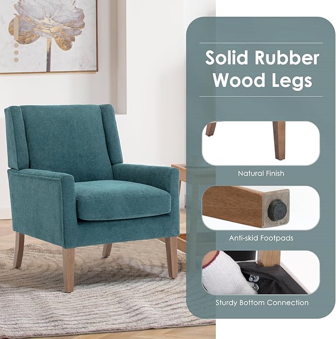 COLAMY Modern Wingback Living Room Chair, Upholstered Fabric Accent Armchair, Single Sofa Chair with Lounge Seat and Wood Legs for Bedroom/Office/Reading Spaces, Teal-Ruum Studio Home
