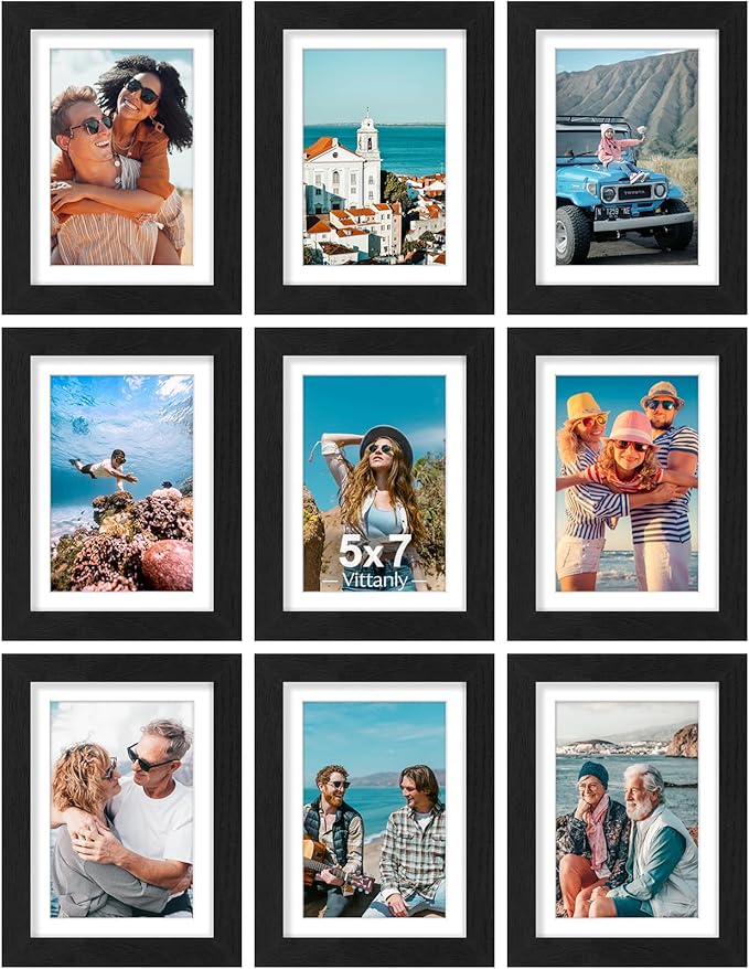 Vittanly 5x7 Picture Frames Set of 9, Shatter Resistant Plexiglass, Display 4x6 Pictures with Mat or 5x7 without Mat, Photo Frames for Wall or Tabletop, Engineered Wood, Black-Ruum Studio Home