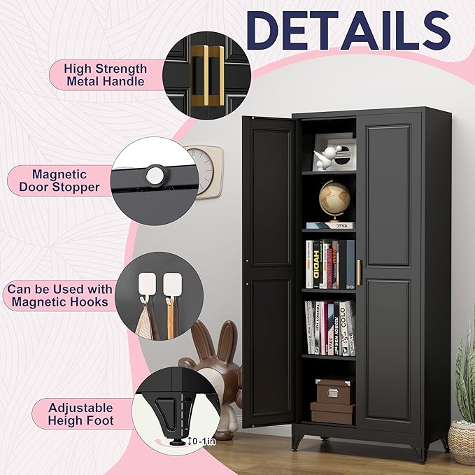 75" Storage Cabinet, Metal Pantry Cabinet, Kitchen Pantry Storage Cabinets with Doors and 4 Shelves, Cabinets for Laundry Room, Living Room, Dinning Room, Assembly Required, Black-Ruum Studio Home