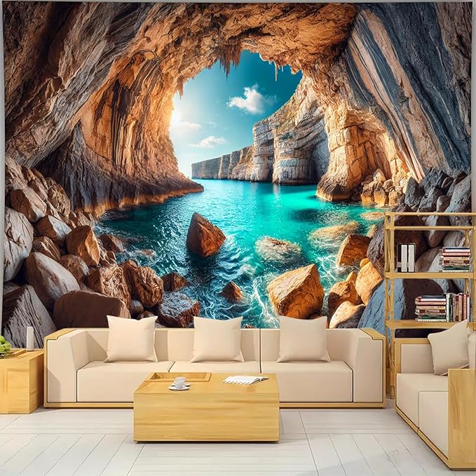 BSFHH Nature Tapestry Forest Tree Sea Cave Wall Hanging, Stream Through Rainforest Landscape Wall Art Tapestry for Bedroom Living room (Cave Sea View, 90"×70", Unframed)-Ruum Studio Home
