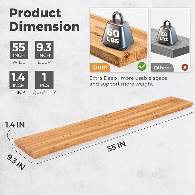 RICHFOCUS Live Edge Elm Floating Shelves - 55" W x 9.3" D Rustic Solid Wood Wall Shelves with Invisible Bracket, Wall-Mounted for Living Room, Bedroom, Kitchen Storage & Display, Set of 1, Natural-Ruum Studio Home