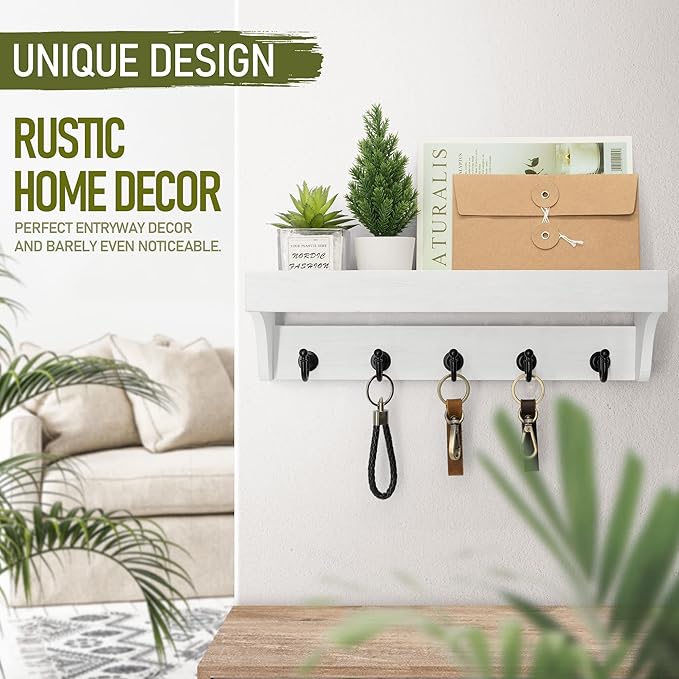 Rebee Vision Key and Mail Holder for Wall with Floating Shelf : Decorative Hanging Organizer with 5 Sturdy Keys Hooks and Wall Mount Key Rack - Farmhouse Entryway Décor (Modern White)-Ruum Studio Home