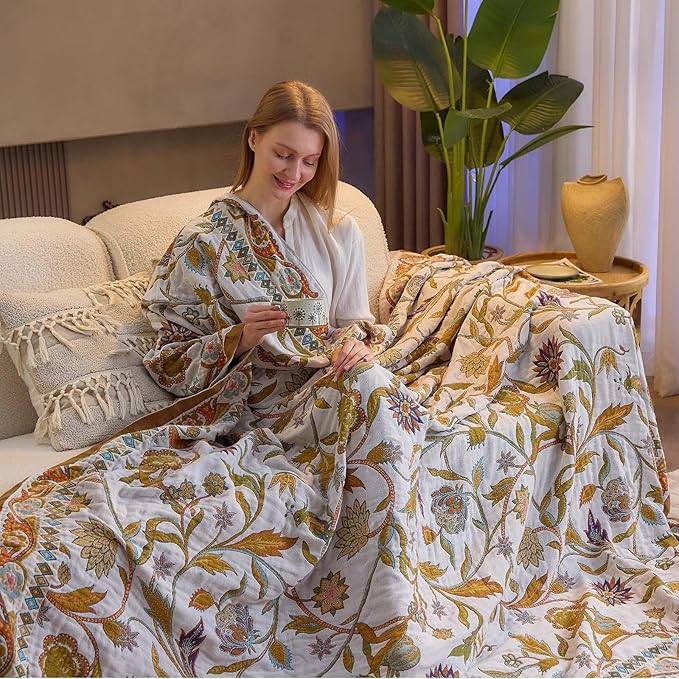 Fall Throw Blanket for Couch, Brown Boho Decorative Throw Blanket, 100% Cotton Muslin Breathable Woven Farmhouse Blankets Quilt, 60"x80" Reversible Lightweight Blankets Bohemian Throw Quilt-Ruum Studio Home