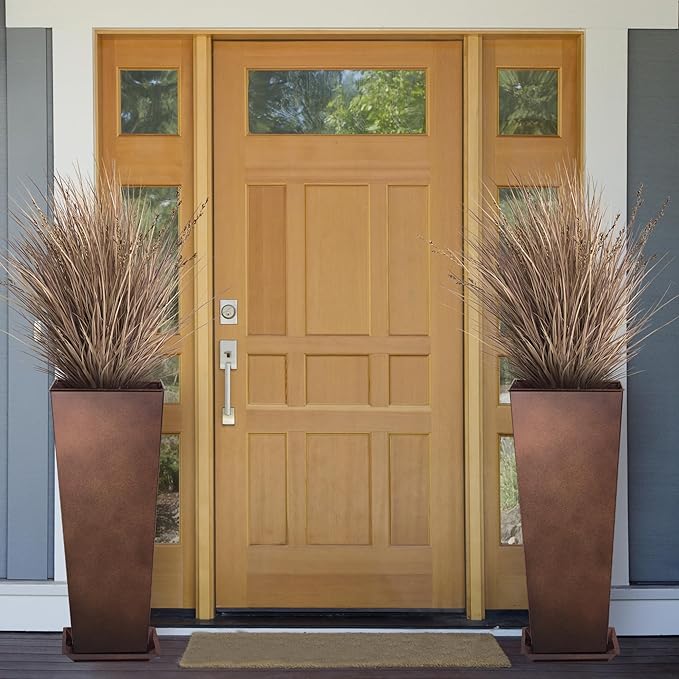 KOL 25'' & 28'' Tall Galvanized Steel Planter with Saucer, Metal Planter Pots for Indoor & Outdoor Use, Decorative Flower Plant Pots with Drainage Hole for Front Porch, Patio, Deck - Rust Color-Ruum Studio Home