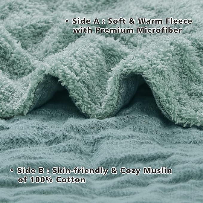 EMME Muslin and Fleece Throw Blanket Reversible - 50"*60" Teal Soft Warm Throw Blankets for Couch Bed Picnic Travel Bed-Ruum Studio Home