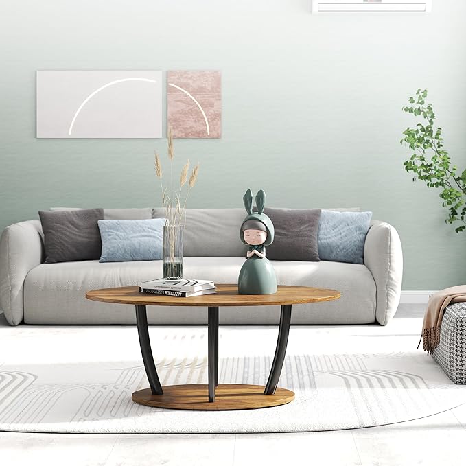 Manora Small Oval Coffee Table with Storage, Farmhouse Industrial Center Table for Living Room, Vintage Tea Table for Small Spaces, Rustic Brown-Ruum Studio Home