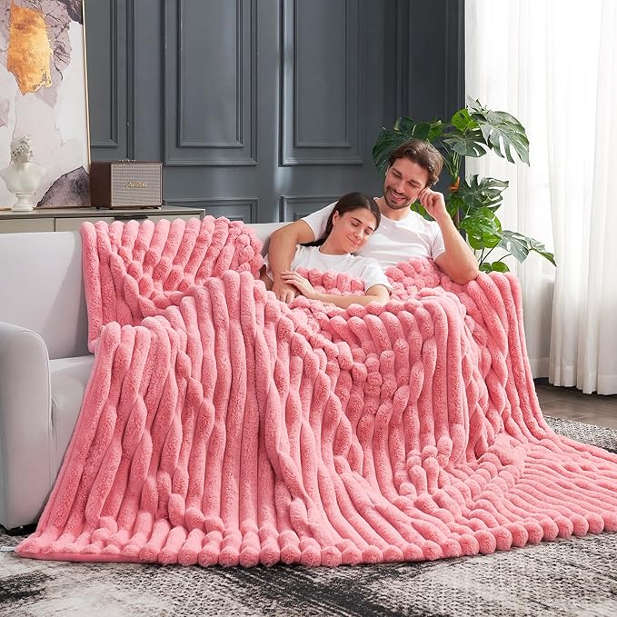 Cozy Bliss Faux Fur Throw Blanket for Couch, Cozy Warm Plush Striped Blanket for Sofa Bedroom Living Room,60 * 80 Inches Hot Pink-Ruum Studio Home