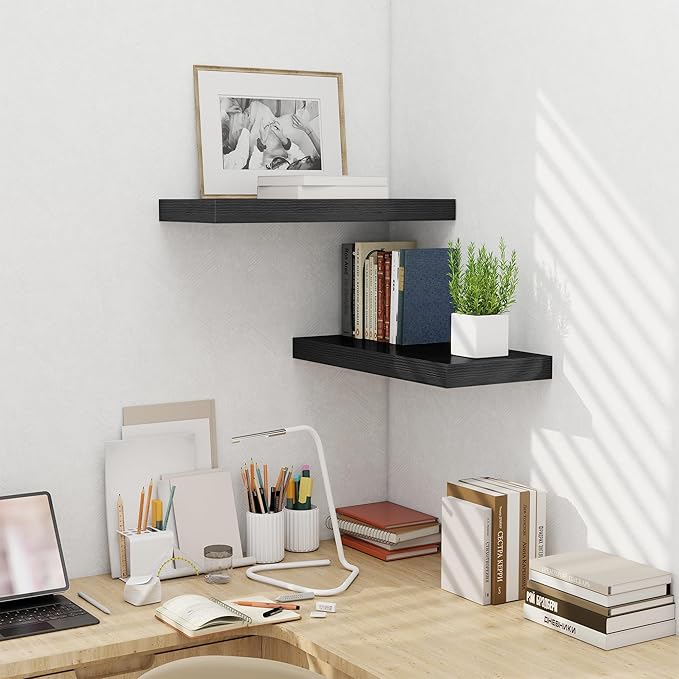 Fun Memories 24 Inch Floating Shelves Wall Mounted, 10 Inch Deep Wall Shelves, 24 x 10 Floating Shelf for Living Room Bathroom Bedroom, Black, Set of 2-Ruum Studio Home