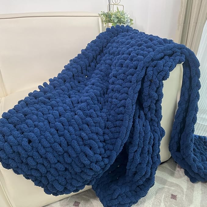 Chunky Knit Blanket Throw 40"x60", Chenille Throw Blankets, Handmade Warm & Cozy Blanket Couch Bed Home Decor, Soft Breathable Fleece Banket, Christmas for Couch Bed Sofa Best Gift (Navy Blue)-Ruum Studio Home