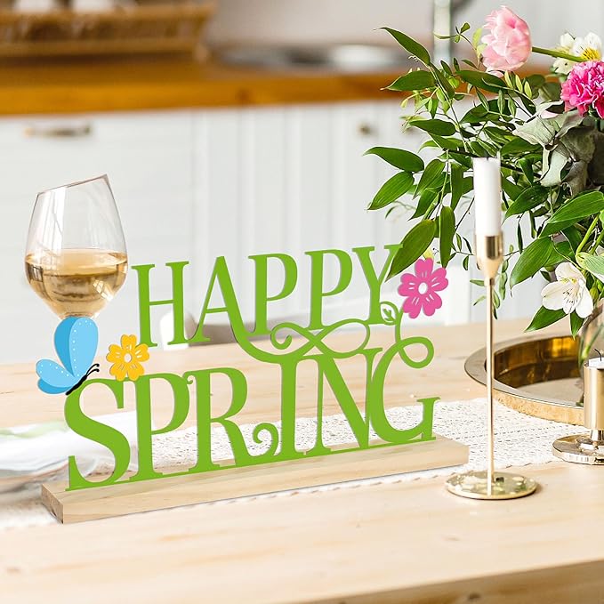 COCHIE Metal Happy Spring Sign, Spring Decorations for Home, Office, Shelf, Mantel, Indoor, Spring Flower Decor, Spring Butterfly Table Top Party Decoration (Spring)-Ruum Studio Home