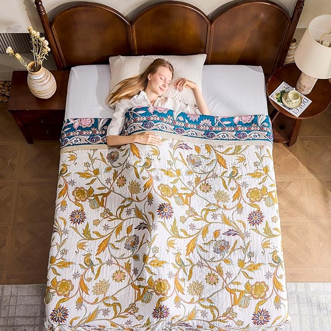Fall Throw Blanket for Couch, Brown Boho Decorative Throw Blanket, 100% Cotton Muslin Breathable Woven Farmhouse Blankets Quilt, 60"x80" Reversible Lightweight Blankets Bohemian Throw Quilt-Ruum Studio Home
