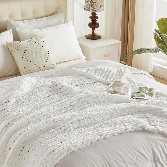 Carriediosa Chunky Knit Throw Blanket 60" X 80" Twin, 100% Hand Made Large Chenille Loop Yarn Soft Fluffy Throws for Couch Sofa Bed, Big Crochet Cozy Heavy Thick Cable Woven Blankets, Snow White-Ruum Studio Home