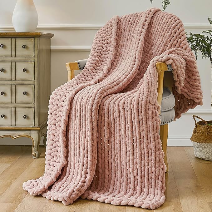 Esterra Chunky Knit Throw Blanket Newly Upgraded Heavy Tighter Version, Handmade Chenille Throw Super Soft, Thick Yarn Cable Knit Crochet Throw Blanket for Couch Bed Sofa, 50" x60, Coral Pink-Ruum Studio Home
