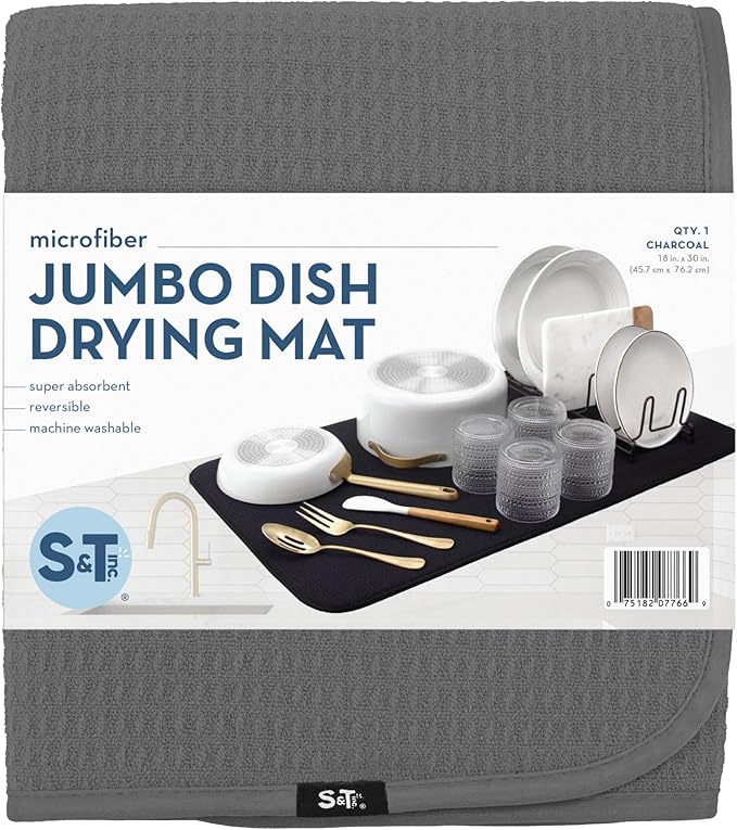 S&T INC. Dish Drying Mat Jumbo, 18” x 30”, Absorbent Microfiber Kitchen Counter Mat, Dish Drying Pad for Dishes, Utensils, Pots and Pans, Jumbo, Charcoal-Ruum Studio Home