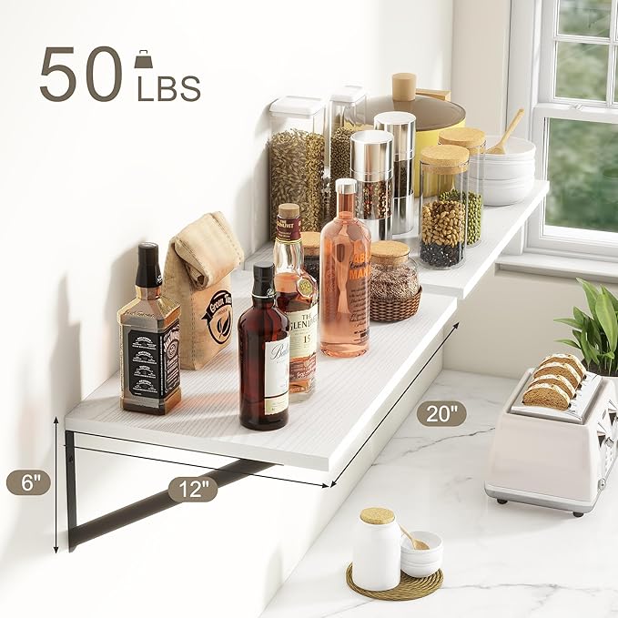 Fun Memories 20 Inch Floating Shelves for Wall, White Bathroom Shelves Set of 2, 12 Inch Deep Wall Shelf for Bedroom, Kitchen, Large Home Decor Shelves Farmhouse Storage Shelf-Ruum Studio Home