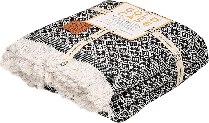 Gold Case Throw Blanket for Couch - 100% Recycled Turkish Cotton Blankets & Throws - Retro Soft Throw Blankets for Living Room Sofa - Boho Decorative Woven Throws for Couch - 60x80 - Black-Ruum Studio Home