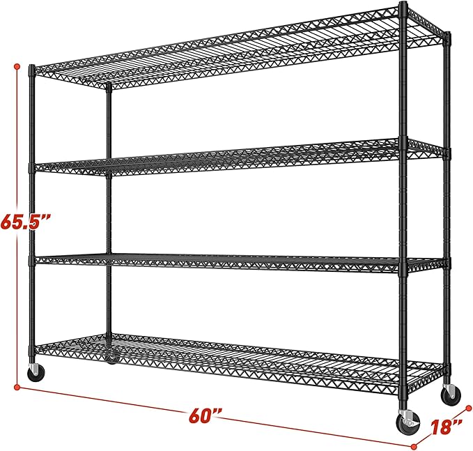 REIBII 60''W Storage Shelves 2399LBS Garage Shelving Heavy Duty with Wheels & Feet, 4 Tier Wire Shelving Adjustable Metal Shelving for Pantry Garage Kitchen Commercial Industrail, 60"W x 18"D x 65.5"H-Ruum Studio Home