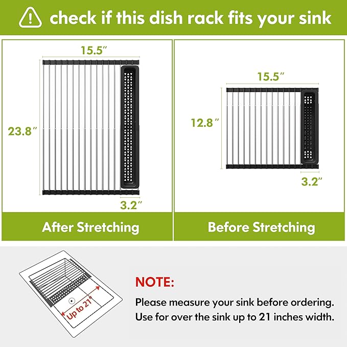 Dish Drying Rack, Roll Up Dryer Rack for Inside Sink, Expandable (12.8"-23.8" D x 15.5" W) 304 Stainless Steel Dish Drainers for Kitchen Counter, Over Sink Cover with Utensil Holder-Ruum Studio Home
