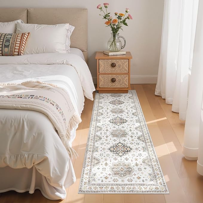 Washable 2x6 Runner Rug - Area Rugs Neutral Vintage Distressed Floral Farmhouse Boho Large Soft Floor Rug Indoor Carpet for Hallway Entryway Bedroom Kitchen - Blue Brown-Ruum Studio Home