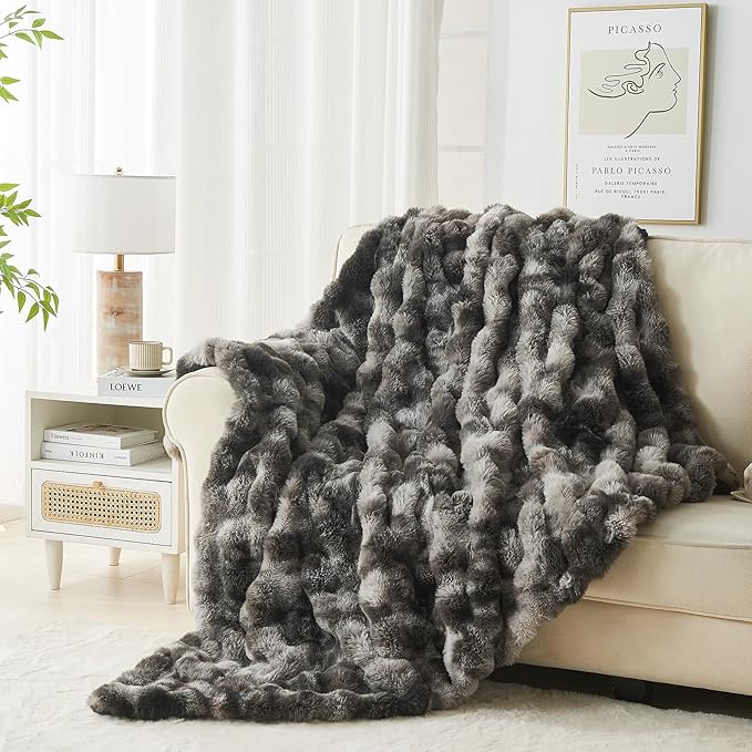 Lotus Karen Faux Fur Throw Blanket Tie-Dye Dark Gray - Big Bubble Rabbit Fluff Blanket for Couch, Small Fluffy Fuzzy Cozy Blanket, Thick Furry Plush Shaggy Blankets, 50x60 Inches-Ruum Studio Home