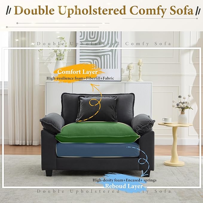 URRED Modular Sectional Sofa Comfy Cloud Couch, Modern Velvet Sofa Sleeper Deep Seat Couches with Ottoman/Pillows for Living Room (Dark Gray, 53'')-Ruum Studio Home